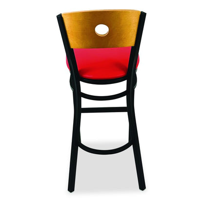 Circle Series Barstool, Supports Up to 300 lb, 28.5" Seat Height, Red Seat, Natural Back, Black Base