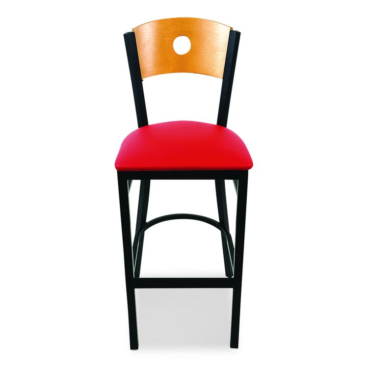 Circle Series Barstool, Supports Up to 300 lb, 28.5" Seat Height, Red Seat, Natural Back, Black Base