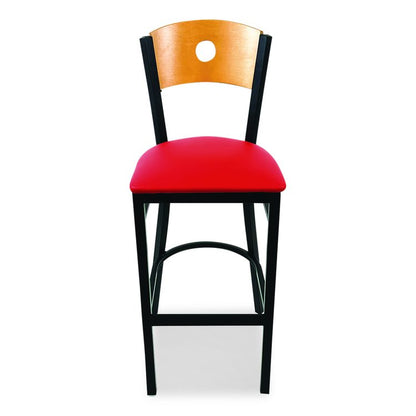 Circle Series Barstool, Supports Up to 300 lb, 28.5" Seat Height, Red Seat, Natural Back, Black Base