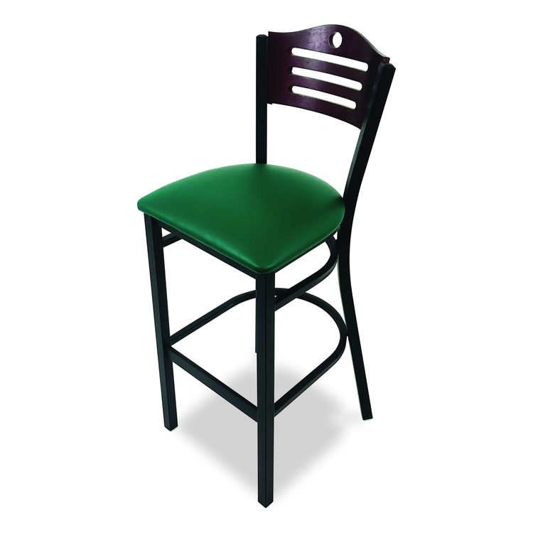 Eagle Series Barstool, Supports Up to 300 lb, 28.5" Seat Height, Green Seat, Dark Mahogany Back, Black Base