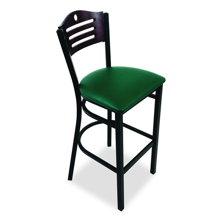 Eagle Series Barstool, Supports Up to 300 lb, 28.5" Seat Height, Green Seat, Dark Mahogany Back, Black Base