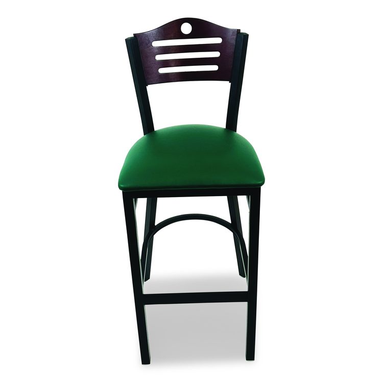 Eagle Series Barstool, Supports Up to 300 lb, 28.5" Seat Height, Green Seat, Dark Mahogany Back, Black Base