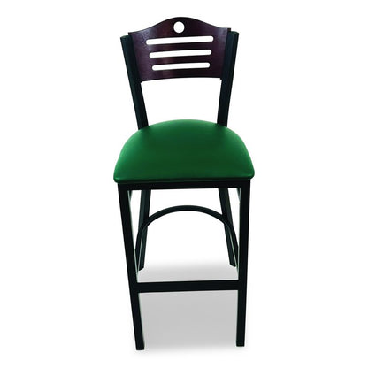Eagle Series Barstool, Supports Up to 300 lb, 28.5" Seat Height, Green Seat, Dark Mahogany Back, Black Base