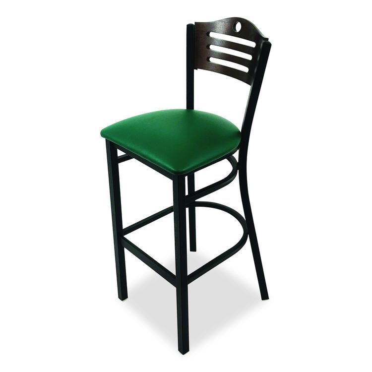 Eagle Series Barstool, Supports Up to 300 lb, 28.5" Seat Height, Green Seat, Dark Walnut Back, Black Base