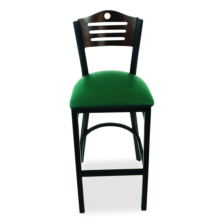 Eagle Series Barstool, Supports Up to 300 lb, 28.5" Seat Height, Green Seat, Dark Walnut Back, Black Base