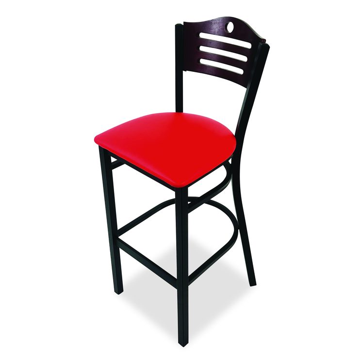 Eagle Series Barstool, Supports Up to 300 lb, 28.5" Seat Height, Red Seat, Dark Mahogany Back, Black Base
