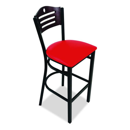 Eagle Series Barstool, Supports Up to 300 lb, 28.5" Seat Height, Red Seat, Dark Mahogany Back, Black Base