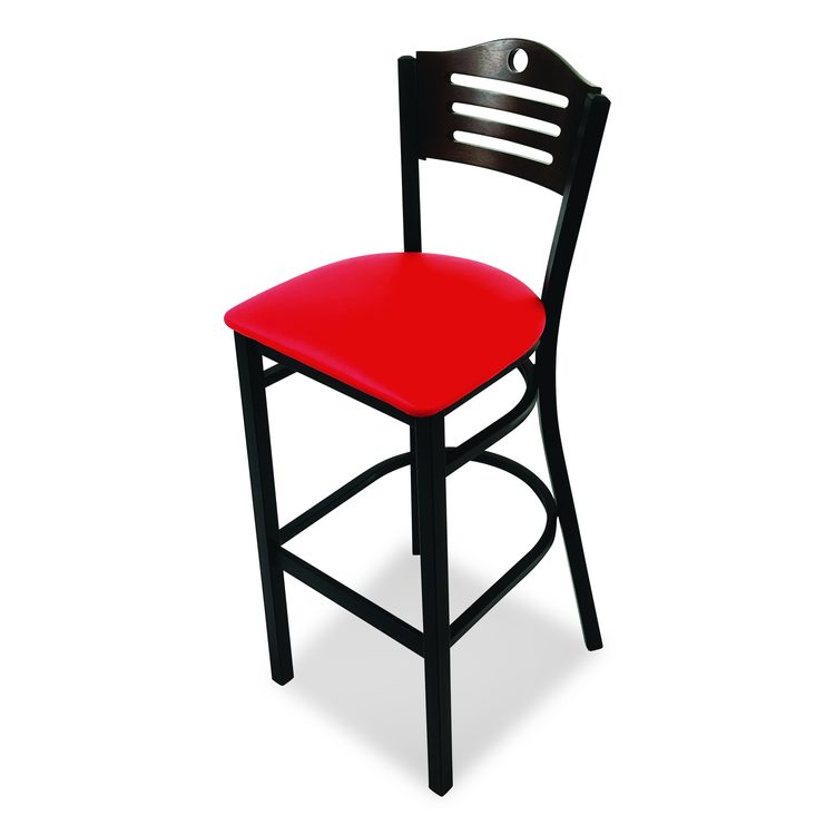 Eagle Series Barstool, Supports Up to 300 lb, 28.5" Seat Height, Red Seat, Dark Walnut Back, Black Base