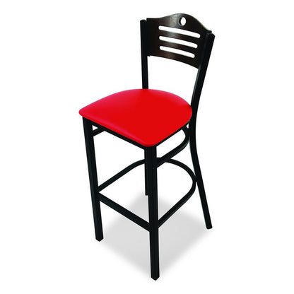 Eagle Series Barstool, Supports Up to 300 lb, 28.5" Seat Height, Red Seat, Dark Walnut Back, Black Base