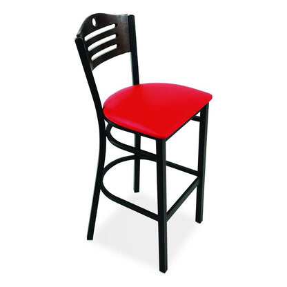 Eagle Series Barstool, Supports Up to 300 lb, 28.5" Seat Height, Red Seat, Dark Walnut Back, Black Base