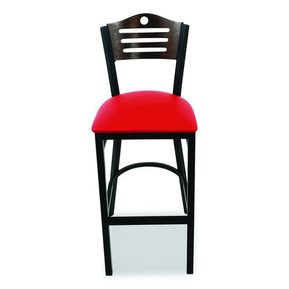Eagle Series Barstool, Supports Up to 300 lb, 28.5" Seat Height, Red Seat, Dark Walnut Back, Black Base