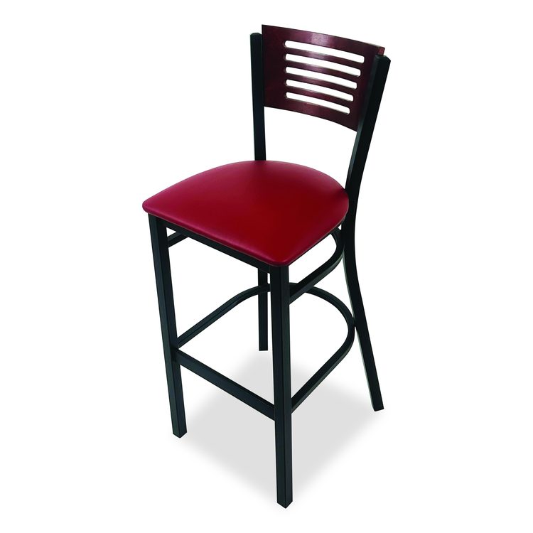 Jones River Series Barstool, Supports Up to 300 lb, 28.5" Seat Height, Burgundy Seat, Dark Mahogany Back, Black Base