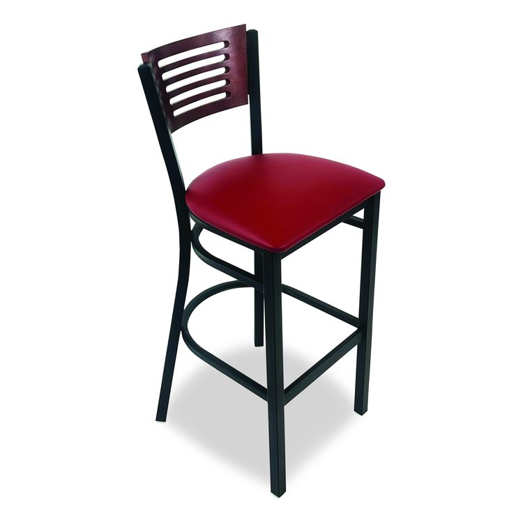 Jones River Series Barstool, Supports Up to 300 lb, 28.5" Seat Height, Burgundy Seat, Dark Mahogany Back, Black Base
