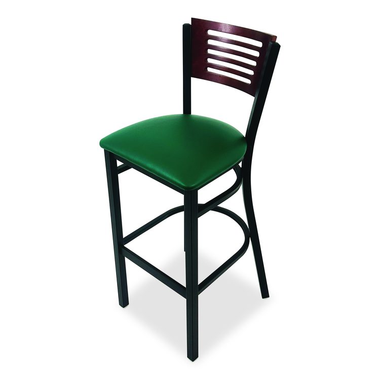 Jones River Series Barstool, Supports Up to 300 lb, 28.5" Seat Height, Green Seat, Dark Mahogany Back, Black Base