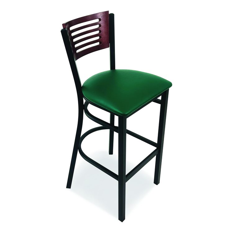 Jones River Series Barstool, Supports Up to 300 lb, 28.5" Seat Height, Green Seat, Dark Mahogany Back, Black Base