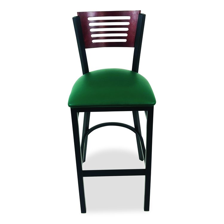 Jones River Series Barstool, Supports Up to 300 lb, 28.5" Seat Height, Green Seat, Dark Mahogany Back, Black Base
