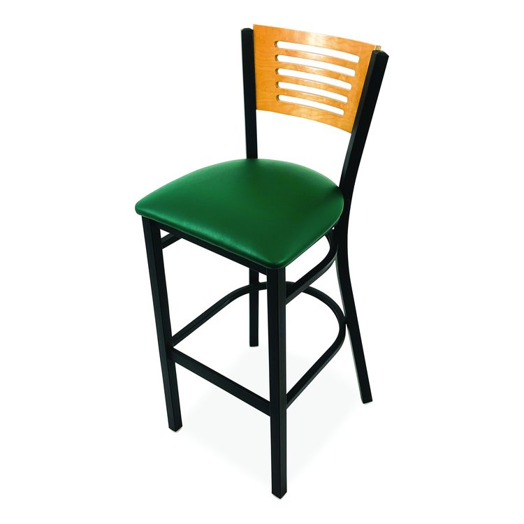 Jones River Series Barstool, Supports Up to 300 lb, 28.5" Seat Height, Green Seat, Natural Back, Black Base
