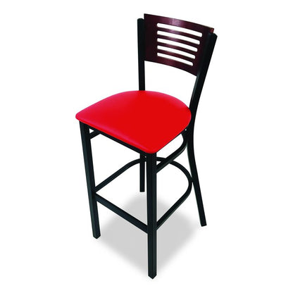 Jones River Series Barstool, Supports Up to 300 lb, 28.5" Seat Height, Red Seat, Dark Mahogany Back, Black Base