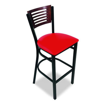 Jones River Series Barstool, Supports Up to 300 lb, 28.5" Seat Height, Red Seat, Dark Mahogany Back, Black Base