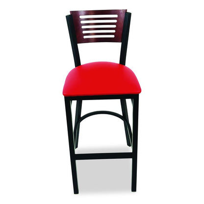 Jones River Series Barstool, Supports Up to 300 lb, 28.5" Seat Height, Red Seat, Dark Mahogany Back, Black Base