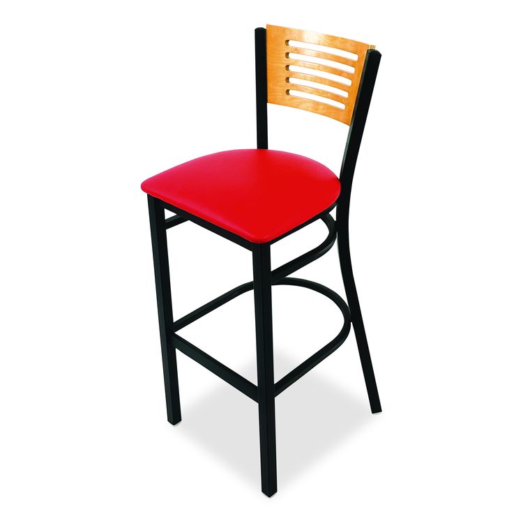 Jones River Series Barstool, Supports Up to 300 lb, 28.5" Seat Height, Red Seat, Natural Back, Black Base