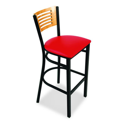 Jones River Series Barstool, Supports Up to 300 lb, 28.5" Seat Height, Red Seat, Natural Back, Black Base