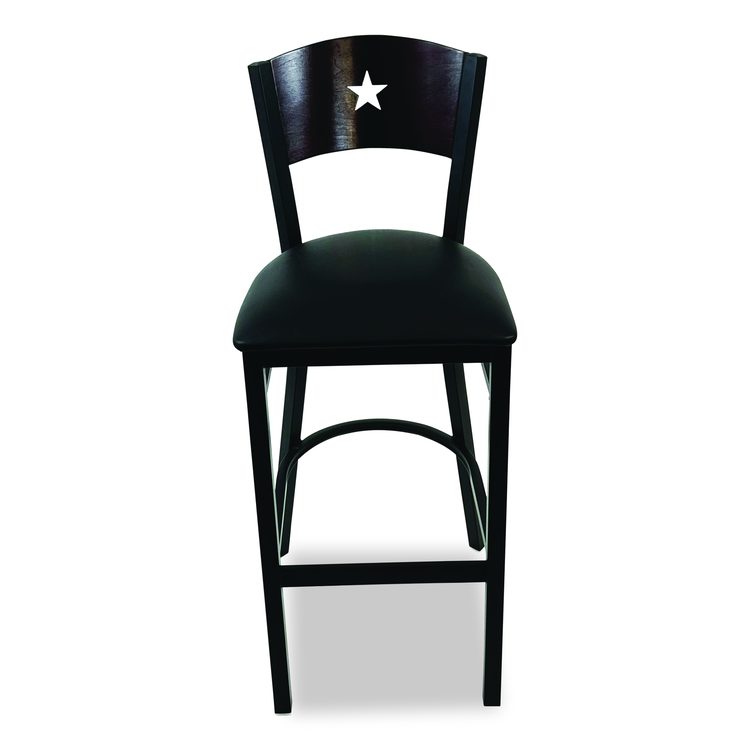 Liberty Series Barstool, Supports Up to 300 lb, 28.5" Seat Height, Black Seat, Dark Mahogany Back, Black Base