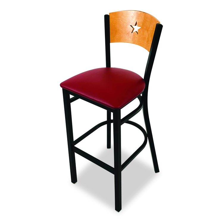 Liberty Series Barstool, Supports Up to 300 lb, 28.5" Seat Height, Burgundy Seat, Natural Back, Black Base