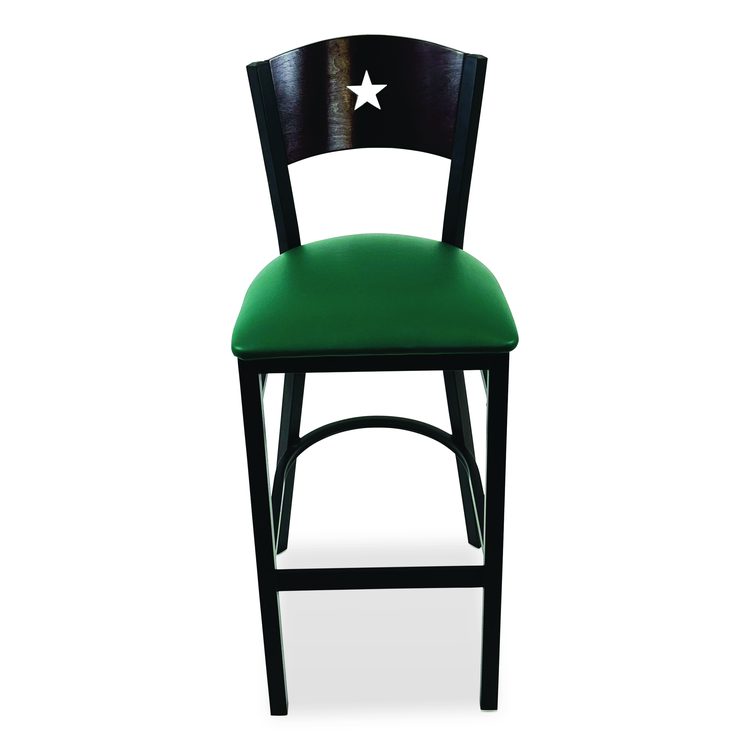 Liberty Series Barstool, Supports Up to 300 lb, 28.5" Seat Height, Green Seat, Dark Mahogany Back, Black Base