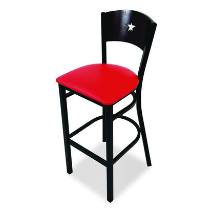 Liberty Series Barstool, Supports Up to 300 lb, 28.5" Seat Height, Red Seat, Dark Mahogany Back, Black Base