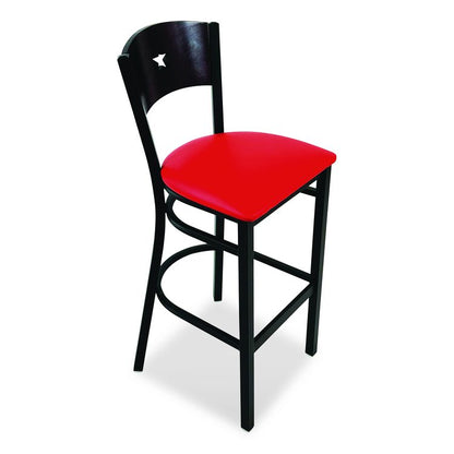 Liberty Series Barstool, Supports Up to 300 lb, 28.5" Seat Height, Red Seat, Dark Mahogany Back, Black Base