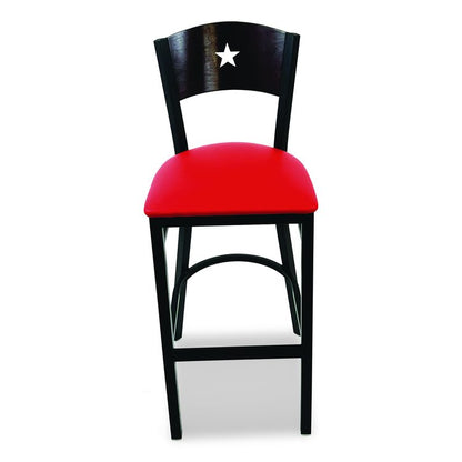 Liberty Series Barstool, Supports Up to 300 lb, 28.5" Seat Height, Red Seat, Dark Mahogany Back, Black Base