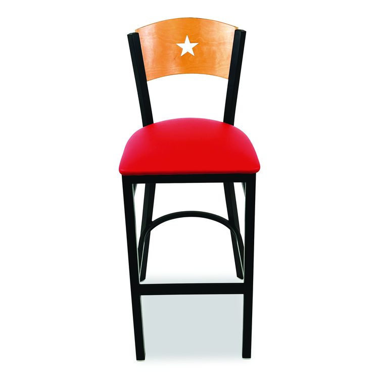 Liberty Series Barstool, Supports Up to 300 lb, 28.5" Seat Height, Red Seat, Natural Back, Black Base