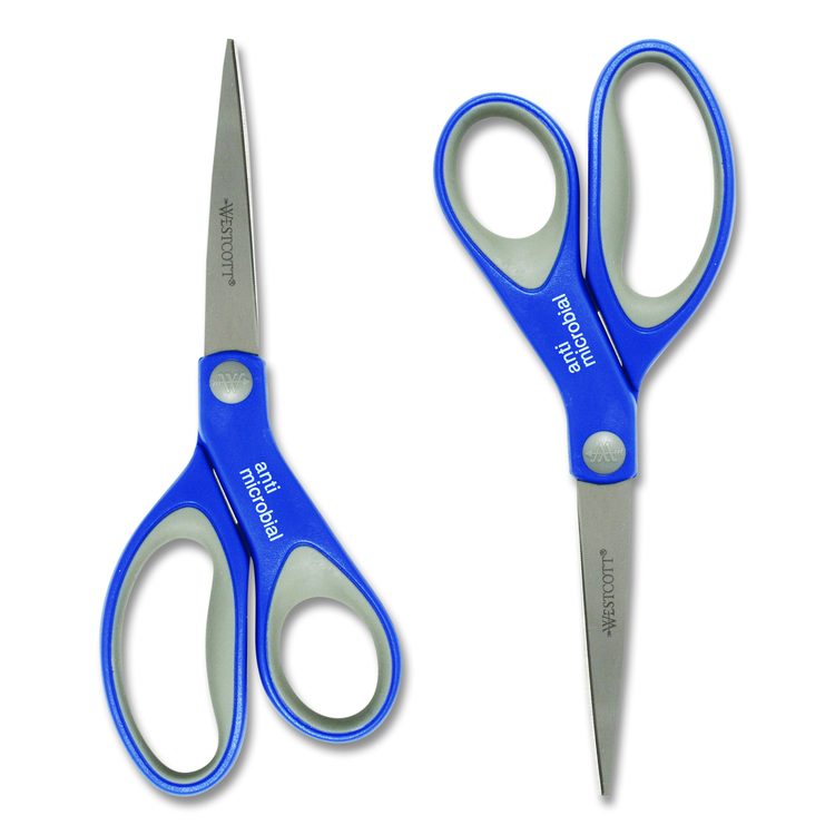 Scissors with Antimicrobial Protection, 8" Long, 3.25" Cut Length, Straight Blue/Gray Handle, 2/Pack