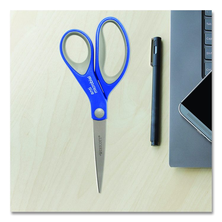 Scissors with Antimicrobial Protection, 8" Long, 3.25" Cut Length, Straight Blue/Gray Handle, 2/Pack
