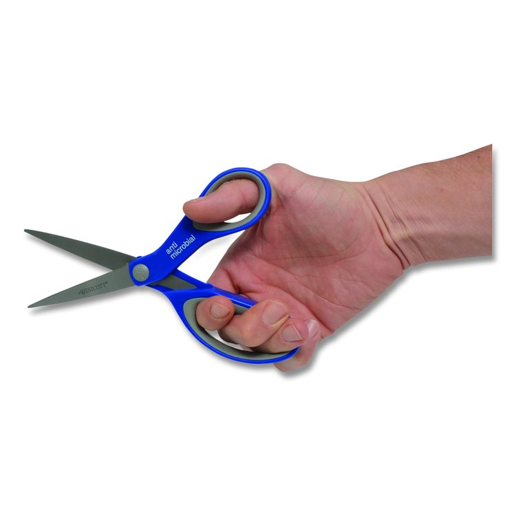 Scissors with Antimicrobial Protection, 8" Long, 3.25" Cut Length, Straight Blue/Gray Handle, 3/Pack