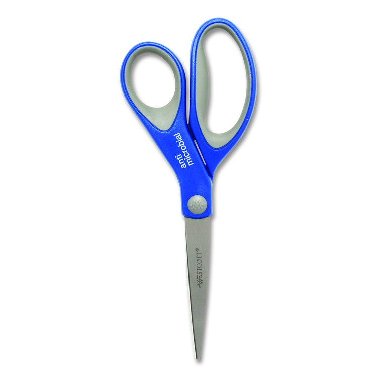 Scissors with Antimicrobial Protection, 8" Long, 3.25" Cut Length, Straight Blue/Gray Handle, 3/Pack