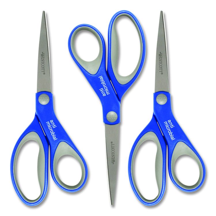Scissors with Antimicrobial Protection, 8" Long, 3.25" Cut Length, Straight Blue/Gray Handle, 3/Pack