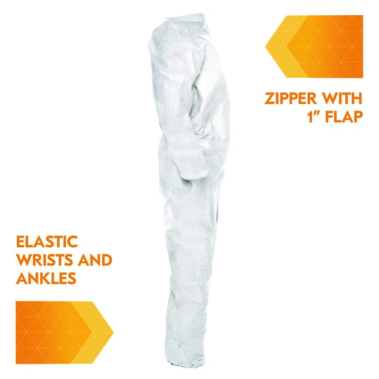 A20 Breathable Particle Protection Coveralls, Zip Front, Elastic Back, Wrists, Ankles, Large, White, 24/Carton