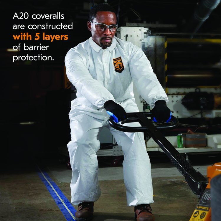 A20 Breathable Particle Protection Coveralls, Zip Front, Elastic Back, Wrists, Ankles, Large, White, 24/Carton