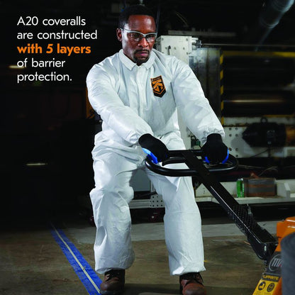 A20 Breathable Particle Protection Coveralls, Zip Front, Elastic Back, Wrists, Ankles, Large, White, 24/Carton