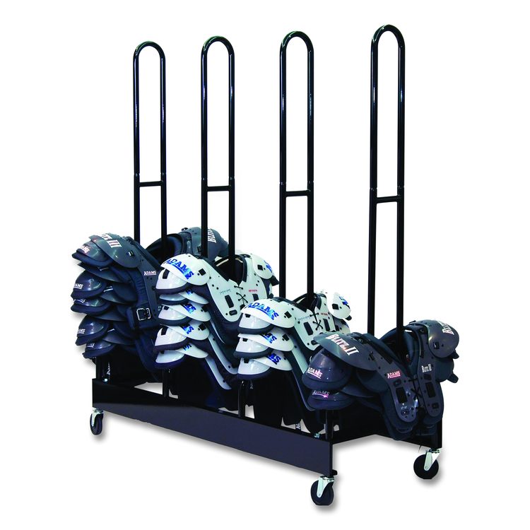 Mobile Four-Stack Shoulder Pad Rack, Metal, 176 lb Capacity, 24" x 59" x 68", Black
