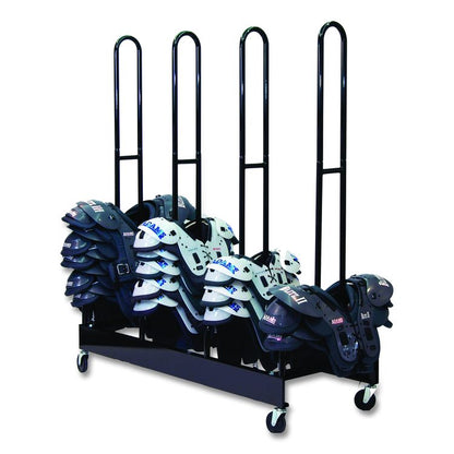 Mobile Four-Stack Shoulder Pad Rack, Metal, 176 lb Capacity, 24" x 59" x 68", Black