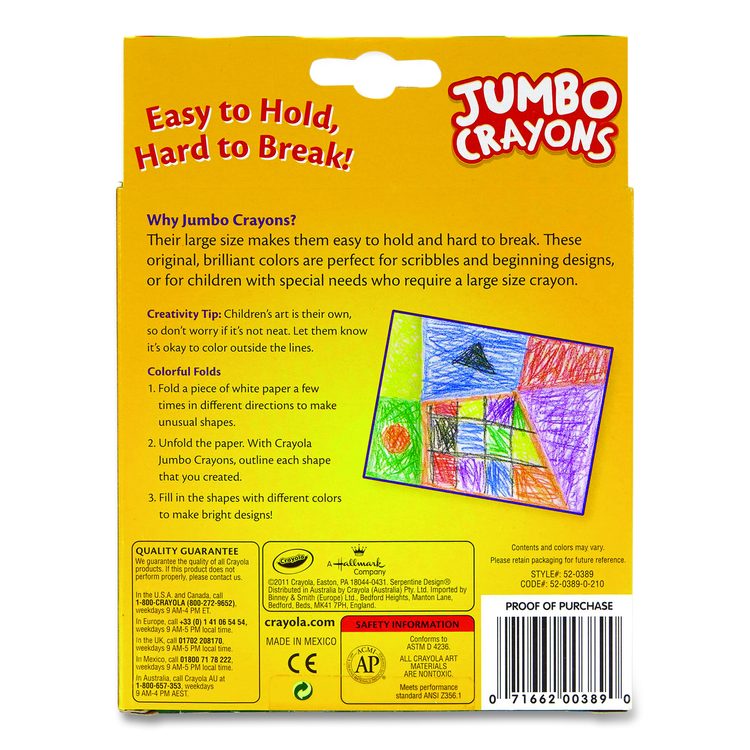 Jumbo Crayola Crayons, Jumbo Size, 0.56" x 5", 8 Assorted Colors, 8/Box