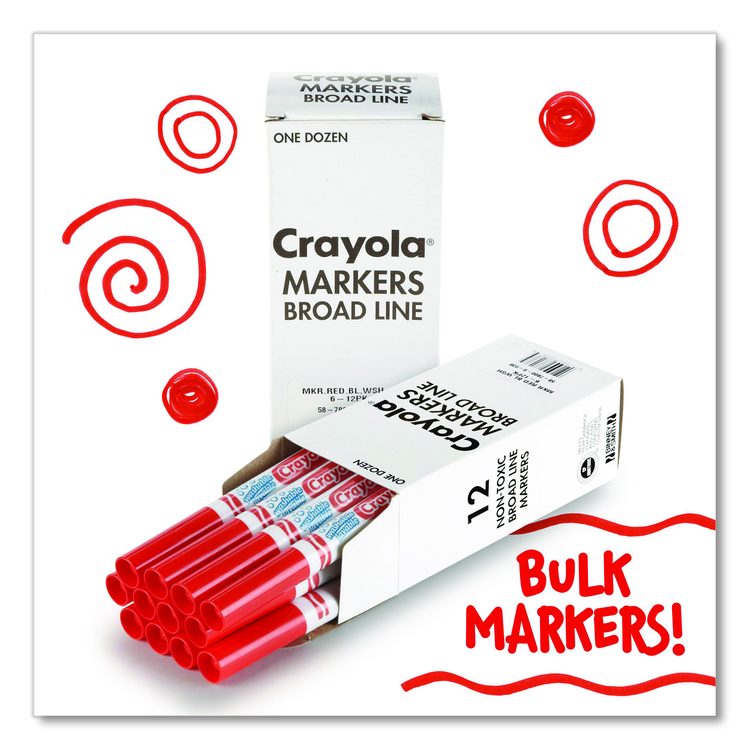 Broad Line Washable Markers, Broad Bullet Tip, Red, 12/Box