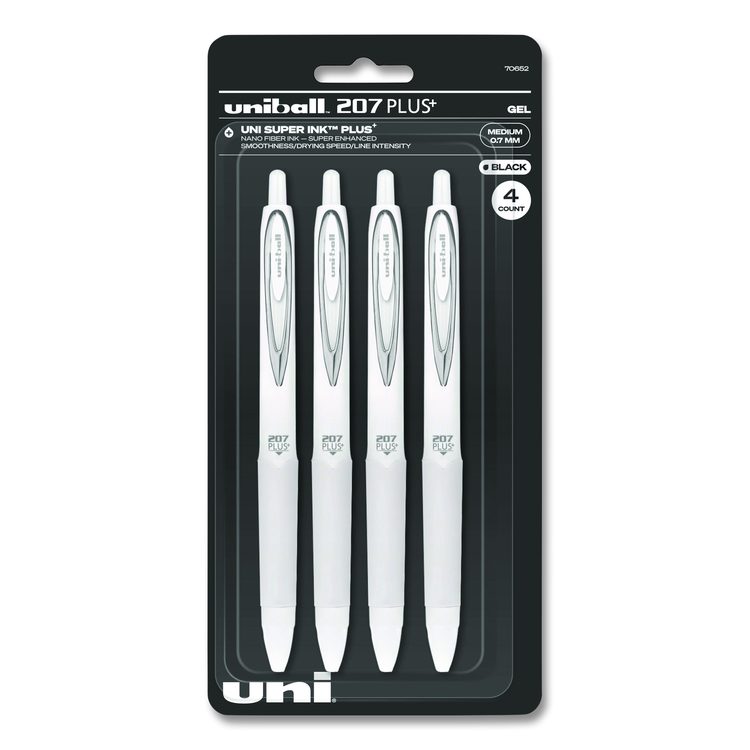 207 Plus+ Gel Pen, Retractable, Medium 0.7 mm, Black Ink, White Barrel, 4/Pack