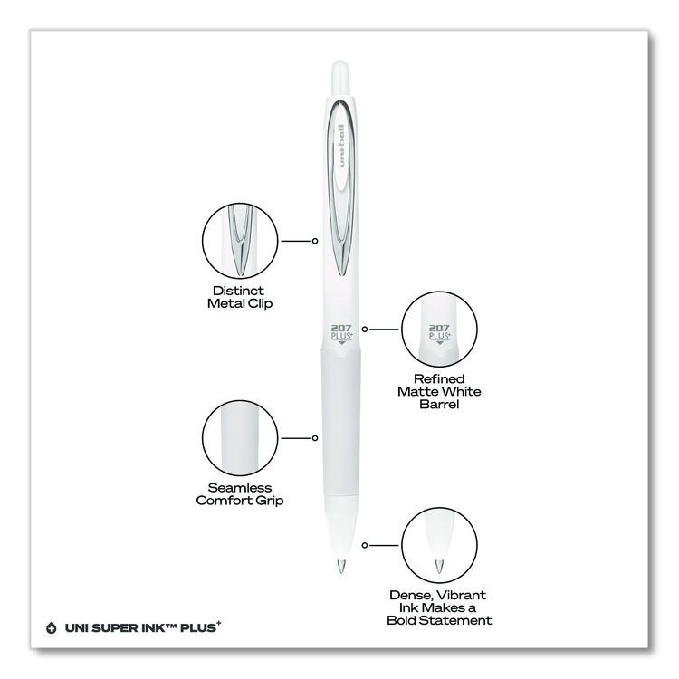 207 Plus+ Gel Pen, Retractable, Medium 0.7 mm, Black Ink, White Barrel, Dozen