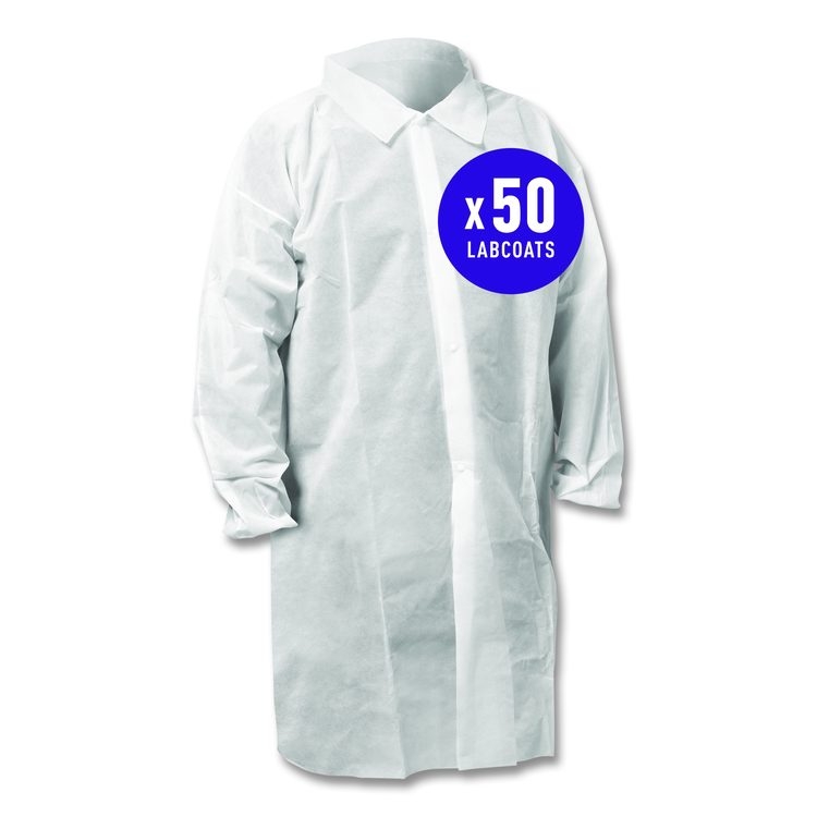 KGA10 Standard Weight Lab Coat for Non-Hazardous Particulate Protection, Large, White, 50/Carton
