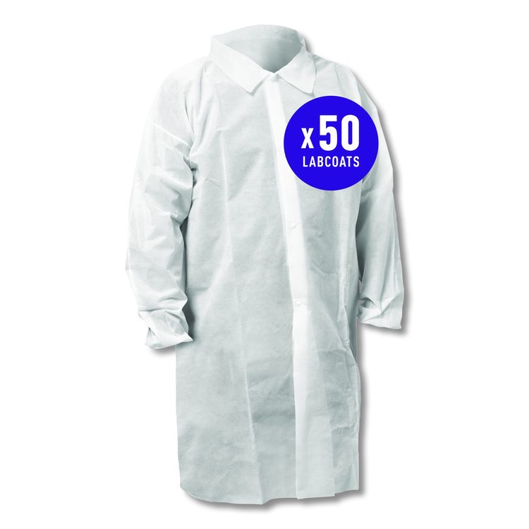 KGA10 Standard Weight Lab Coat for Non-Hazardous Particulate Protection, 2X-Large, White, 50/Carton