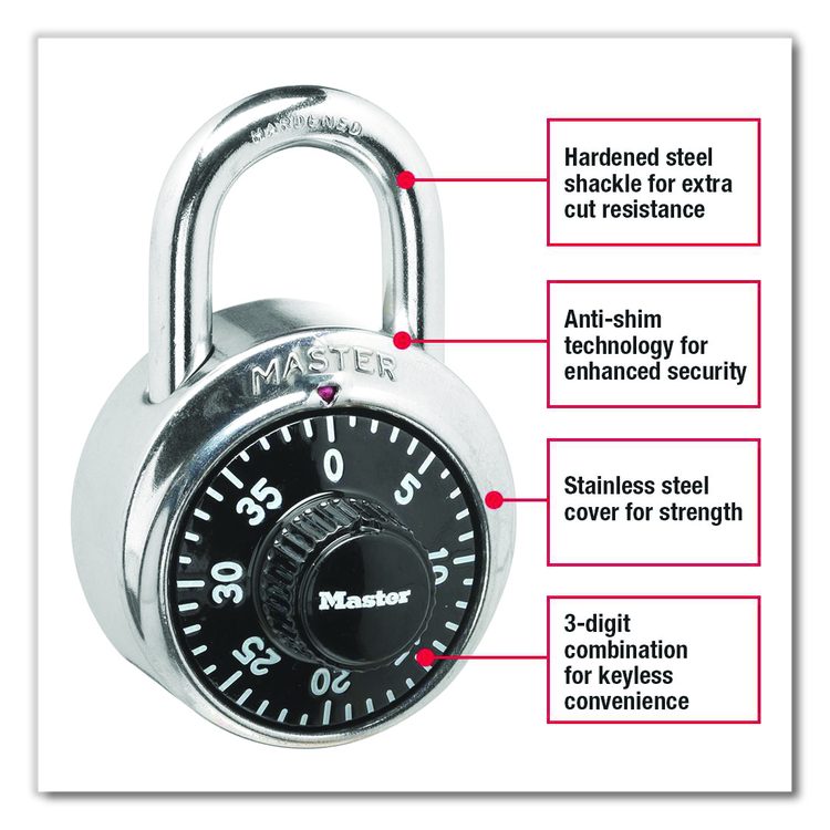 Combination Lock, Stainless Steel, 1.87" Wide, Silver/Black, 2/Pack
